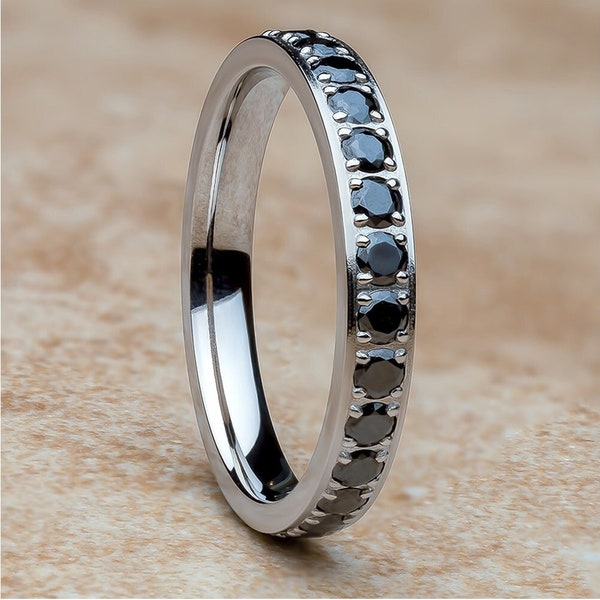 Black CZ Wedding Ring,Titanium Wedding Ring,Eternity Wedding Ring,3mm Wedding Band,Unique Titanium Ring,Comfort Fit Ring,Ladies Ring