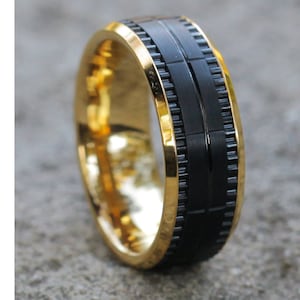 8mm Yellow Gold Tungsten Ring | Black Tungsten Ring | 18k Yellow Gold | Men&#39;s Tungsten Ring | Women&#39;s Tungsten Wedding Band