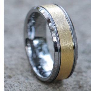 Yellow Gold Tungsten Wedding Band,Brush Tungsten Ring,Men & Women,Tungsten Carbide Ring,Anniversary Band,8mm Wedding Ring