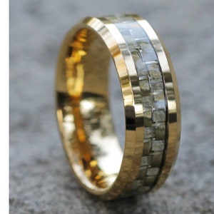 Yellow Gold Tungsten Wedding Band | Carbon Fiber Tungsten Ring | Anniversary Ring | Men&#39;s Wedding Band | 18k Yellow Gold
