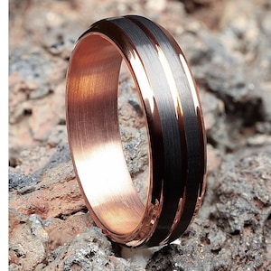Men&#39;s Wedding Band,Rose Gold Wedding Ring,Tungsten Carbide Ring,Anniversary Ring,18k Rose Gold,Black Wedding Ring,Matte Finished Ring