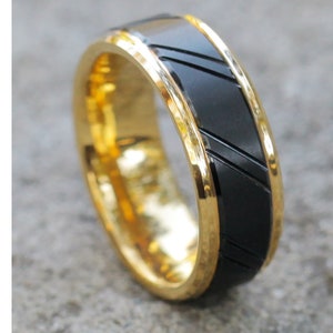 Yellow Gold Tungsten Wedding Band | Black Tungsten Wedding Ring | Men&#39;s Tungsten Wedding Ring | Tungsten Carbide Ring | Brush Ring