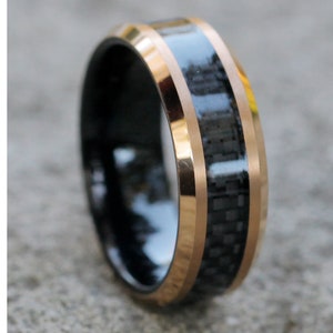 Rose Gold Tungsten Wedding Band | Tungsten Carbide Ring | Black Tungsten Ring | Carbon Fiber Ring | Anniversary Ring