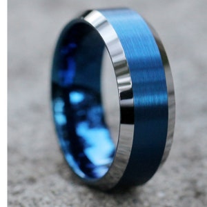 8mm Blue Tungsten Wedding Band | Black Tungsten Ring | Tungsten Carbide Ring | Anniversary Ring | Men & Women | Black Ring