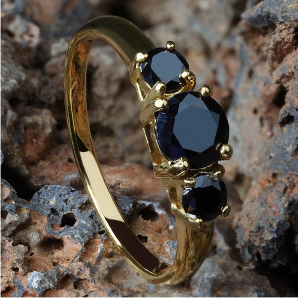 Anillo solitario de oro amarillo, anillo de aniversario, anillo solitario, anillo CZ negro, anillo de compromiso, anillo solitario para mujer, anillo CZ negro, anillo único