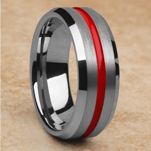 Red Groove Tungsten Wedding Ring: Silver Beveled Band, 8mm