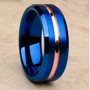 Blue Tungsten Wedding Ring,Rose Gold Tungsten Ring,Anniversary Ring,8mm Wedding Ring,Tungsten Carbide Ring,Engagement Ring,Man & Woman