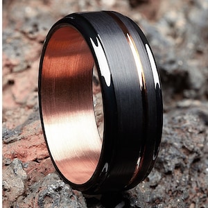 Rose Gold Wedding Band,Black Tungsten Ring,18K Rose Gold Ring,Tungsten Carbide Ring,Engagement Ring,8mm Wedding Band,6mm Ring,Rose Gold Band