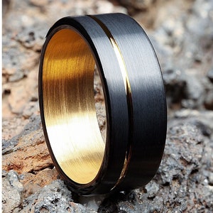 Schwarzer Ehering, Gelbgold Wolframring, Hartmetallring, Gelbgoldring, Verlobungsring, Gelbgold, 750er Gelbgold, Hartmetallring