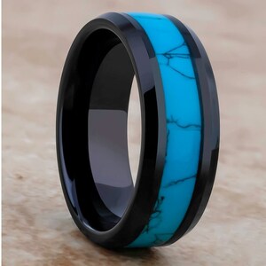 Turquoise Tungsten Ring,Black Wedding Ring,Turquoise Wedding Band,Anniversary Ring,Engagement Ring,Tungsten Carbide Ring,Beveled Edges