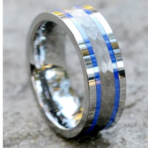 Gray Tungsten Wedding Band | Hammered Tungsten Ring | Blue Tungsten Wedding Ring | Men&#39;s Tungsten Ring | Comfort Fit