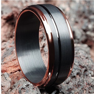 Black Wedding Band,Rose Gold Tungsten Ring,Unique Wedding Ring,Matte Finished,Tungsten Wedding Band,Offset Groove,Men & Women,Comfort Fit