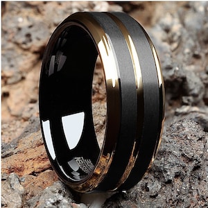 Black Wedding Band,Black Tungsten Ring,Tungsten Wedding Ring,18k Yellow Gold,Tungsten Carbide Ring,Anniversary Ring,Men & Women,Comfort Fit