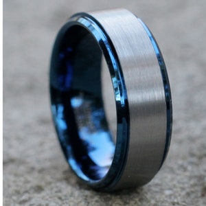 Blue Tungsten Wedding Band | Gray Tungsten Ring | Anniversary Ring | Engagement Tungsten Ring | Men&#39;s Tungsten Ring | Comfort Fit