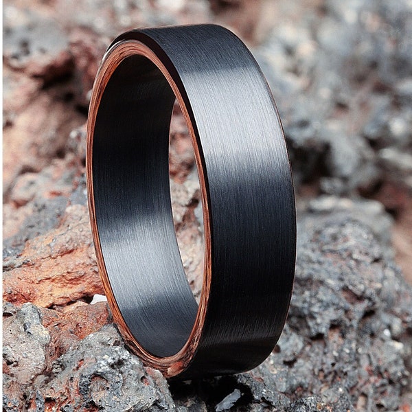 Unique Tungsten Wedding Ring,Black Tungsten Ring,Matte Finished Ring,18k Rose Gold,Black Wedding Band,Tungsten Carbide Ring,Black Band