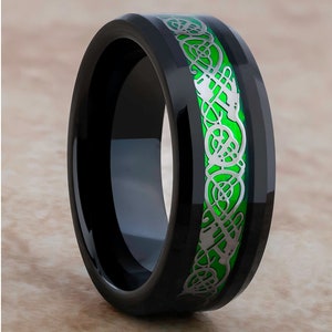 Green Dragon Inlay Black Tungsten Wedding Ring - Beveled 8mm Band