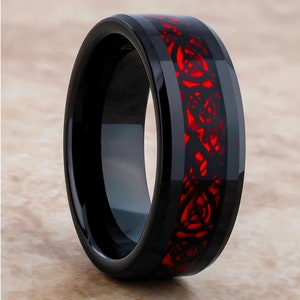 Red Dragon Inlay Black Tungsten Wedding Ring - 8mm Comfort Fit