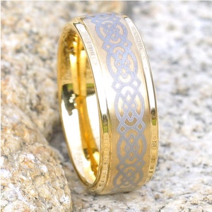 Yellow Gold Tungsten Ring | 8mm Yellow Gold Tungsten | Tungsten Carbide Ring | Men & Women | Celtic Tungsten Ring | 18k Yellow Gold