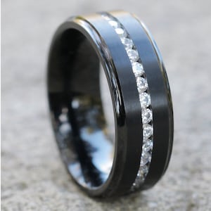 Black Titanium Wedding Band: CZ Inlay, Comfort Fit, Brush Finish
