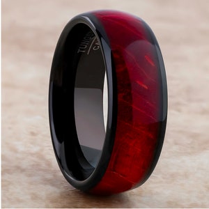 Burl Wood Wedding Ring,Red Wood Wedding Ring,Black Tungsten Wedding Ring,Anniversary Ring,Engagement Ring,8mm Wedding Ring,Tungsten Carbide