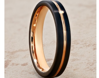 Anillo de tungsteno negro de 4 mm con bordes de oro rosa