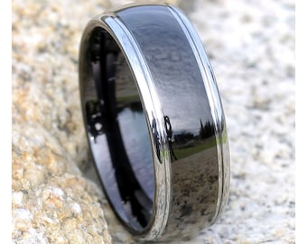 Anillo de tungsteno negro de 8 mm / Hombre y mujer / Anillo de tungsteno negro / Anillo de aniversario / Anillo de compromiso de tungsteno / Anillo de ajuste cómodo