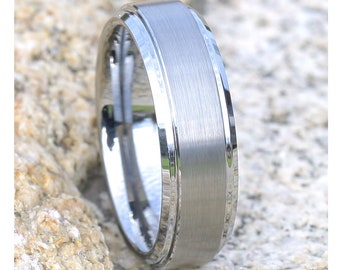 Silver Tungsten Wedding Band | Tungsten Carbide Ring | Anniversary  Ring | Men & Women | Brush Tungsten Ring | Beveled Edges | Comfort Fit