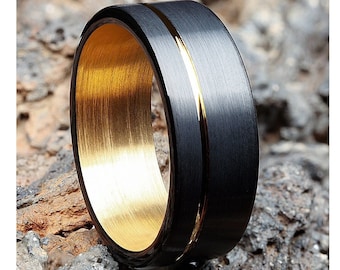 Black Wedding Ring,Yellow Gold Tungsten Ring,Tungsten Carbide Ring,Anniversary Ring,Engagement Band,18k Yellow Gold,Tungsten Carbide Ring