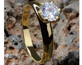Yellow Gold Solitaire Ring,Titanium Wedding Ring,White CZ Gem Ring,Anniversary Ring,Engagement Ring,Ladies Titanium Ring,Single Gem