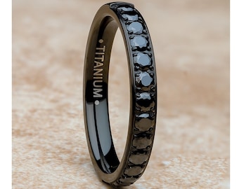 Black Titanium CZ Wedding Ring: 3mm Comfort Fit Eternity Band