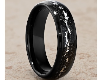 6mm Black Tungsten Wedding Ring,Meteorite Imitation,Comfort Fit,Women's Wedding Band,Anniversary & Engagement,Unique Style
