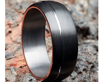 Gunmetal Tungsten Ring,Rose Gold Wedding Ring,Anniversary Ring,Engagement Band,Black Wedding Ring,Offset Groove,Engagement Ring,Unique Ring