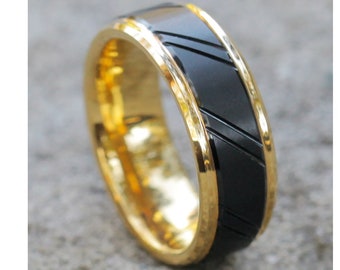 Yellow Gold Tungsten Wedding Band | Black Tungsten Wedding Ring | Men's Tungsten Wedding Ring | Tungsten Carbide Ring | Brush Ring