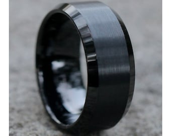 Black Tungsten Ring | Black Tungsten Wedding Band | Brush Tungsten Band | Tungsten Carbide Ring | Beveled Tungsten Ring | Comfort Fit