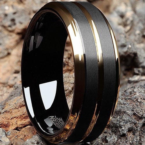 Yellow Gold Tungsten Wedding Band Carbon Fiber Tungsten Ring Etsy