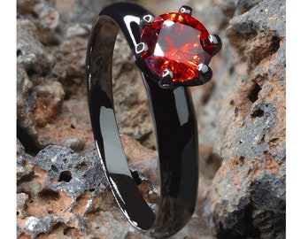 Ruby titanium solitaire ring, zwarte trouwring, jubileumring, verlovingsring, unieke titanium ring, trouwring dames, single Gem, zwart