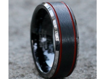 Red Tungsten Wedding Band | Black Tungsten Ring | Red Tungsten Wedding Ring | 8mm Black Tungsten Ring | Anniversary Ring | Beveled