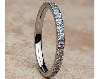 Titanium Eternity Wedding Ring: 2mm Silver Band with CZ