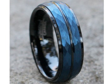 Blue Tungsten Wedding Band | Hammered Tungsten Ring | Black Tungsten Ring | Anniversary Tungsten Ring | Navy Blue Ring | Dome Ring
