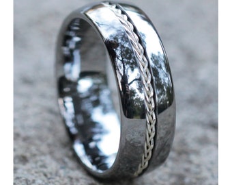 Tungsten Wedding Band,Silver .925 Braid,Tungsten Wedding Ring,Men & Women, Tungsten Carbide Ring,8mm Tungsten Ring