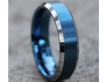 Brushed Blue Tungsten Carbide Ring - 6mm Comfort Fit Wedding Band