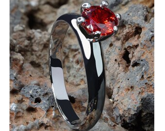 Robijnrode titaniumring, solitaire trouwring, jubileumring, verlovingsring, titanium damesring, zilveren trouwring, unieke stijlring