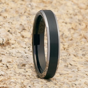 Black Tungsten Carbide Ring: 4mm Brush Finish, Beveled Edges