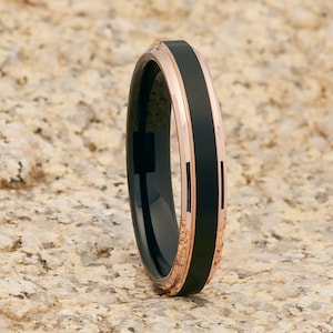 Black Tungsten Ring with 18k Rose Gold Edges, 4mm Comfort Fit Band