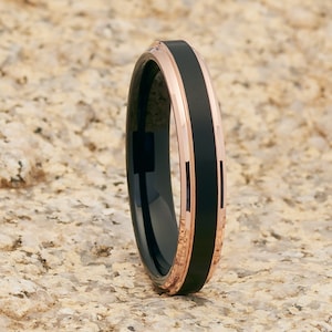 Rose Gold Tungsten Ring, 4mm Rose Gold Ring, Black Tungsten Wedding Band, Ring For Men ,Ring For Women, 18k Rose Gold Ring, Comfort Fit