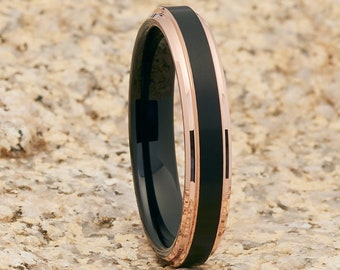 Anillo de tungsteno negro para mujer, alianza de 4 mm, bordes de oro rosa, biselado, para aniversario, compromiso y ajuste cómodo.
