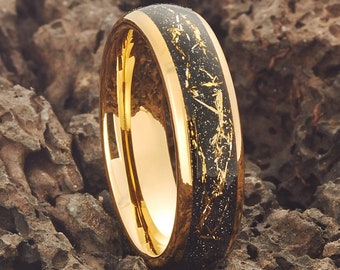 Meteorite Tungsten Wedding Band: Yellow Gold Anniversary Ring,Dome Wedding Band,Anniversary & Engagement,8mm,6mm,Unisex Ring