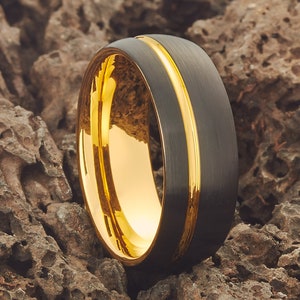 Black Tungsten Carbide Ring: 18k Yellow Gold Groove, Comfort Fit