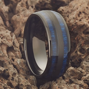 Black Tungsten Wedding Ring,Blue Exotic Wood,Tungsten Wedding Ring,Black Wedding Ring,Anniversary Ring,Unique Tungsten Ring,Tungsten Band image 1