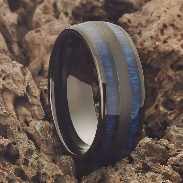 Black Tungsten Wedding Ring,Blue Exotic Wood,Tungsten Wedding Ring,Black Wedding Ring,Anniversary Ring,Unique Tungsten Ring,Tungsten Band